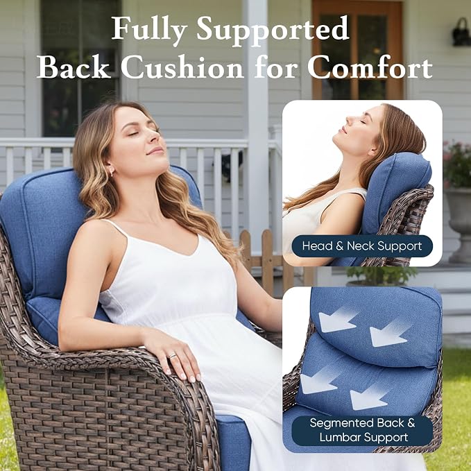 Belord Luxury 6" Thick Cushioned 6 Pieces Patio Furniture Set with Outdoor Couch, Wicker Outdoor Conversation Set with High Back Swivel Rocker Chairs for Deck Porch Yard and Poolside - Brown+Blue