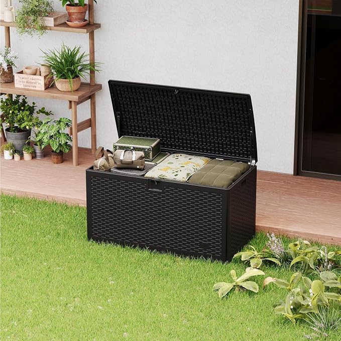 Jojoka 120 Gallon Lockable Outdoor Storage Box - Waterproof UV-Resistant HDPE Resin Deck Box with Gas Spring Lid - Great for Patio Furniture Cushions, Garden Tools, Pool Supplies - Black, Gas Spring