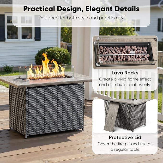Luxury High Back Patio Furniture Set with 6-Inch Thick Cushions, 5-Pieces Outdoor Furniture with Swivel Chairs Fire Pit, Wicker Conversation Set for Porch, Balcony, Deck and Yard, Brown/Beige