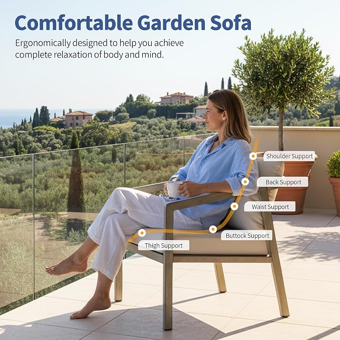 Patio Sofa Chairs Set of 2, Never-Rust Aluminum Outdoor Club Chairs with Washable Thick Cushions, All-Weather Modern Armchair Set for Porch, Deck, Garden, Backyard (Grey+Beige)