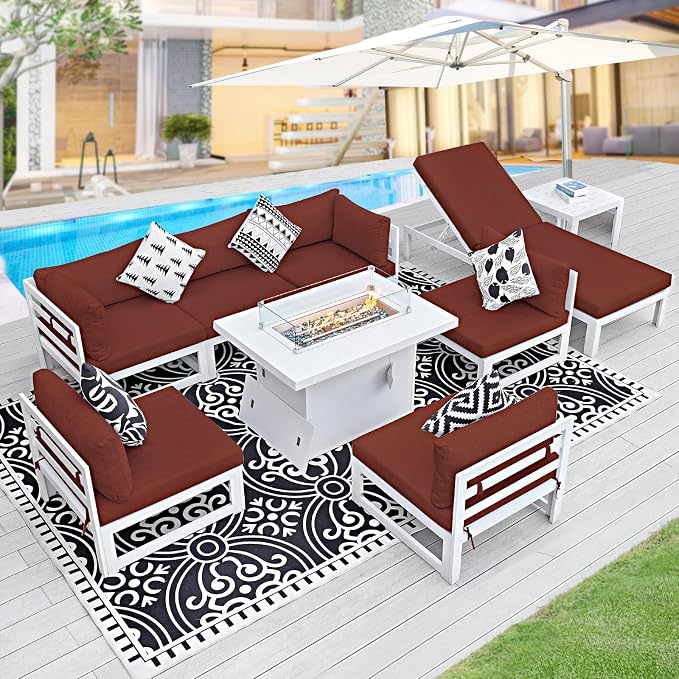 BULEXYARD 7 Person Modern Aluminum Outdoor Patio Furniture Set with Chaise & Firepit Table, 29 inch Wide Deep Seat, All Weather Modular Sectional Couch, Oversized Conversation Set for Garden Deck, Red