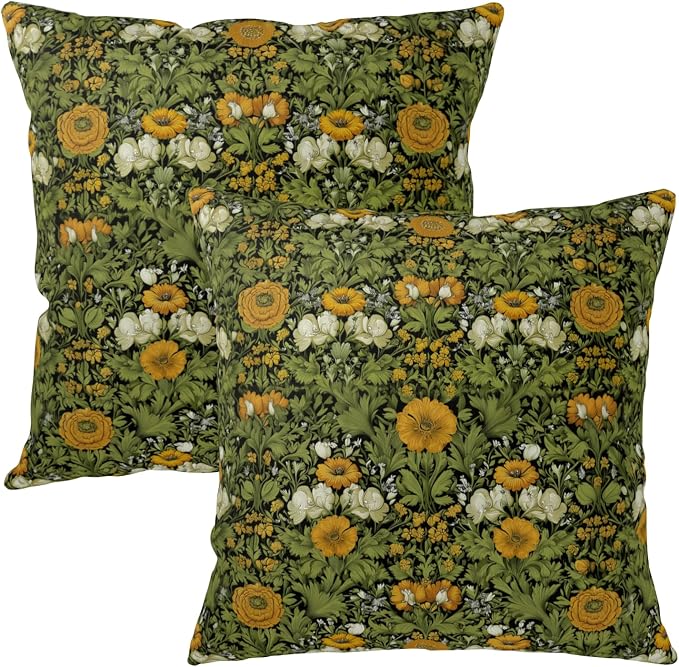 Dark Green Plant Floral Pillow Covers 16x16 Sage Green Botanical Throw Pillow Covers Fern Leaf White Orange Flowers Pillowcase Vintage Wildflower Cushion Case for Couch Sofa 2 Pack