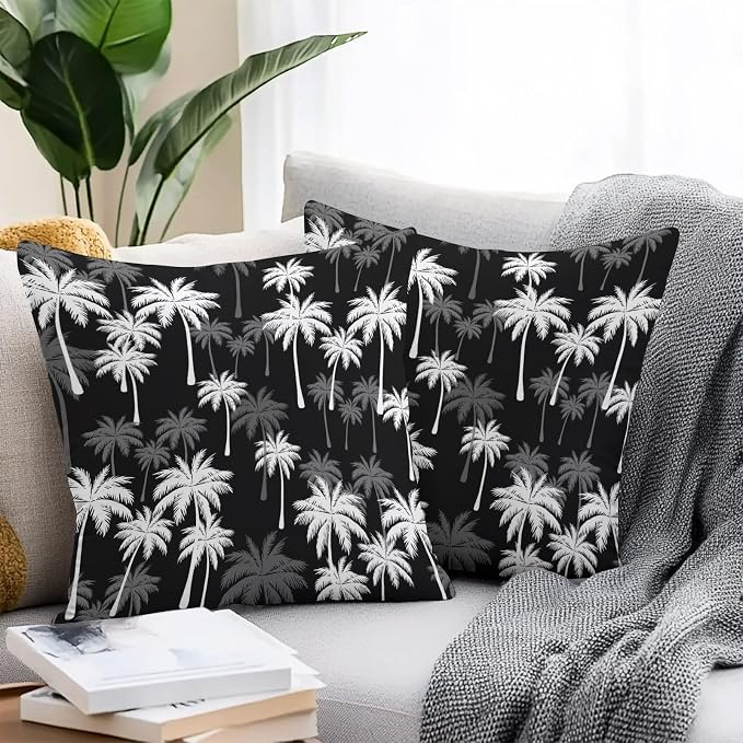 Throw Pillow Covers 16x16 Inch Set of 2, Tropical Palm Tree Waterproof Outdoor Pillow Covers, Black White Plants Coastal Leaf Beach Decorative Cushion Pillowcases for Couch, Sofa, Bed, Garden, Patio