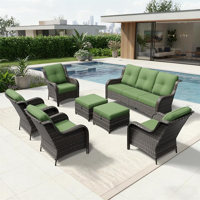 Joyside 7 Piece Wicker Patio Furniture Set, Rattan Patio Chairs with High Back, Deep Seating, Wide Armrest, Thickened Cushions, Outdoor Furniture for Deck, Porch Use