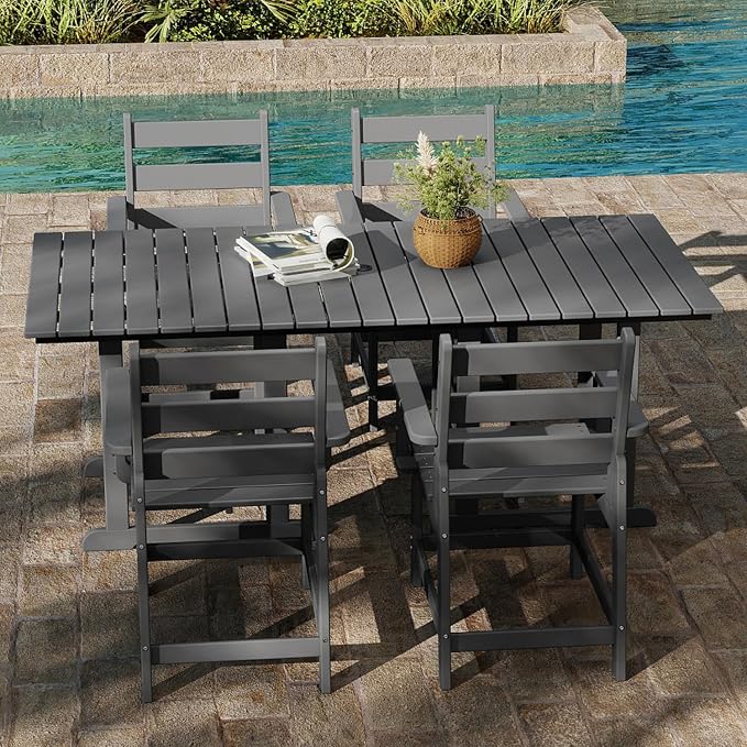 GREENVINES 5-Piece-Outdoor-Table-and-Chairs | HDPE | Patio Furniture | Slatted Dining Sets for 4 | Removable Armrests | Connectable Tables | All Weather | for Backyard Poolside Garden | Grey