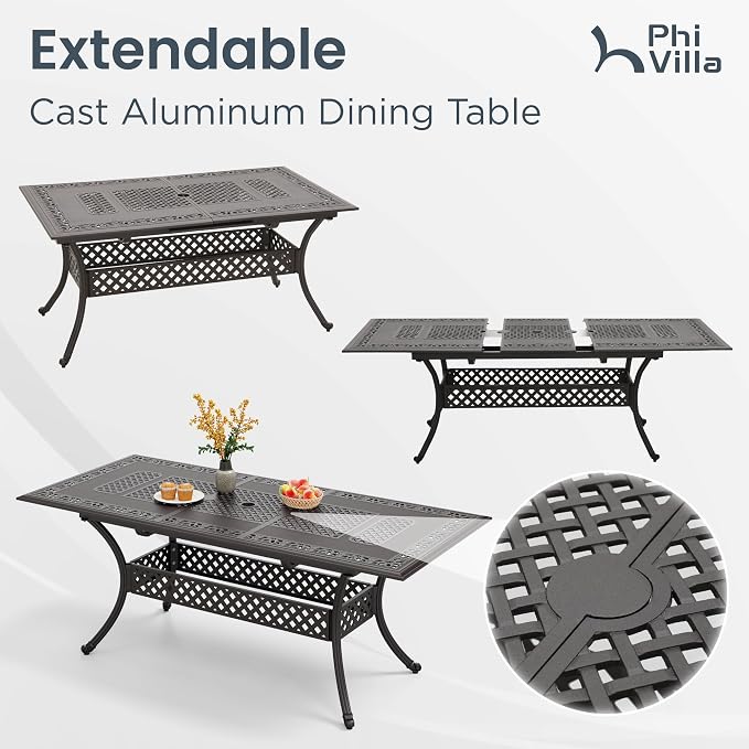 PHI VILLA 7 Pieces Outdoor Expandable Cast Aluminum Dining Set for 6, Extendable Metal Table with Umbrella Hole & Cushioned Wicker Chairs, Dining Furniture Set for Patio, Deck, Yard and Porch