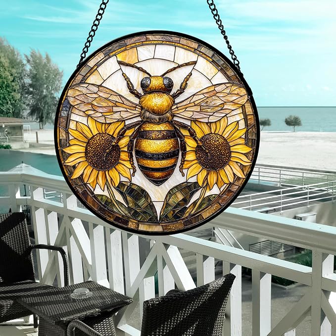 DASTOLL Stained Glass Window Hanging - Bee Sunflower Yellow Suncatcher Ready to Hang Window Doors Home Decoration and Christmas, Mother's Day Birthday Gifts for Women, Men, and Mom 14.9x14.9 in