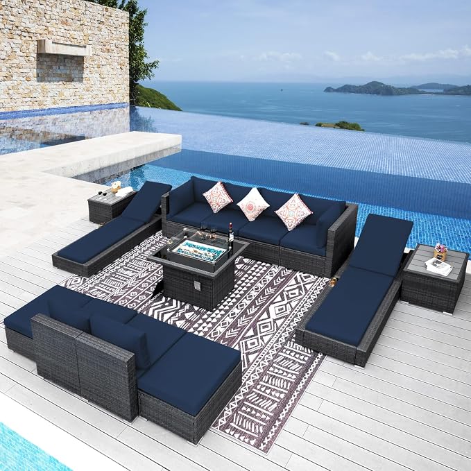 NICESOUL 13 Piece Patio Sectional w/Fire Pit, Modular Wicker Outdoor Couch w/Chaise Lounge, Large Size 29.3'' High-Back Deep Conversation Seating, All-Weather Backyard Movie Furniture, Grey & Blue