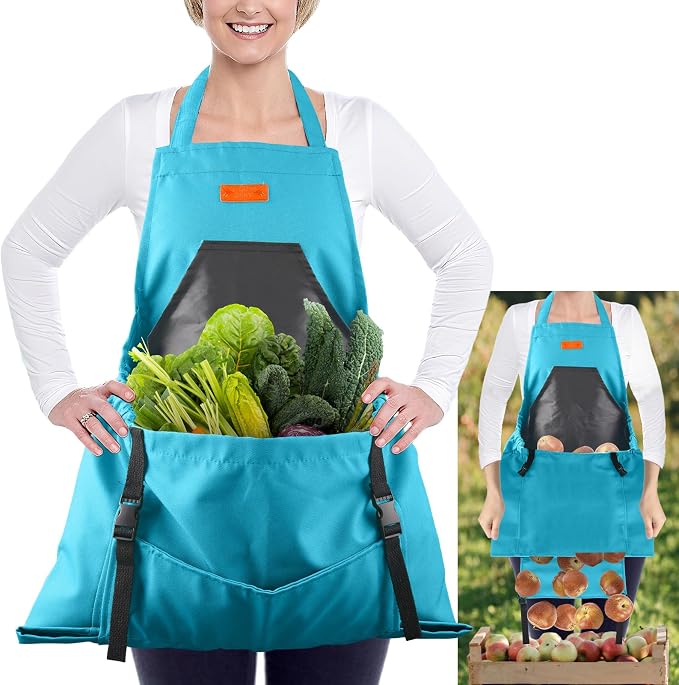 Gardening Apron with Bottom Quick Release Kangaroo Pocket for Women, Men | Heavy Duty Garden Harvest Apron with Cross-Back Straps & Tool Pockets for Vegetables Fruit, Yard & Farm Picking, Garden Gifts