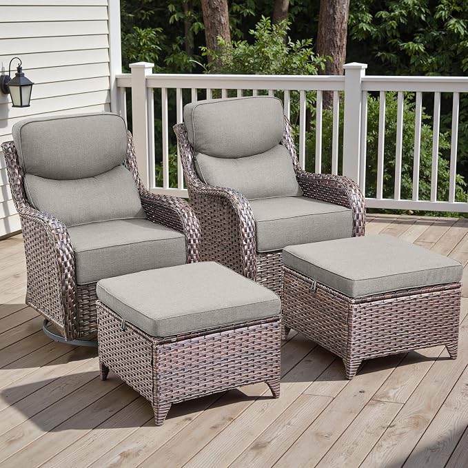 Rilyson Outdoor Patio Furniture Set - Weather Resistant Wicker,High Back,6 inch Cushions,4 Piece Patio Furniture Set with Swivel Rocker Chairs and Ottomans for Deck Porch Yard,Brown/Beige
