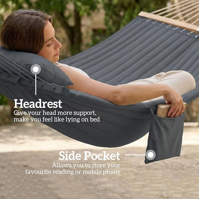 Outdoors 2-Person Hammock with Pillow & Pad, Gray, 128in x 55.1in, 440lb Capacity