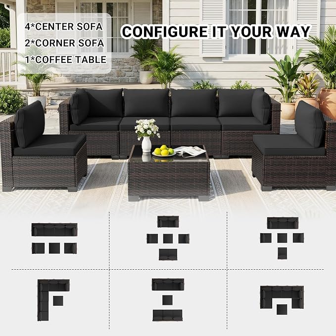 LAFWLL 7 Pieces Outdoor Patio Furniture Sets,Rattan Conversation Sectional Set,Manual Weaving Wicker Patio Sofa with Tea Table