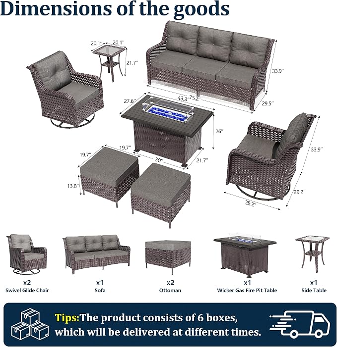 7-Piece Patio Furniture Set,Outdoor Conversation Sets w/Fire Pit Table&High Back Wicker Swivel Rocker Chairs,All-Weather Wicker Sectional Sofa for Deck,Yard and Poolside,Grey
