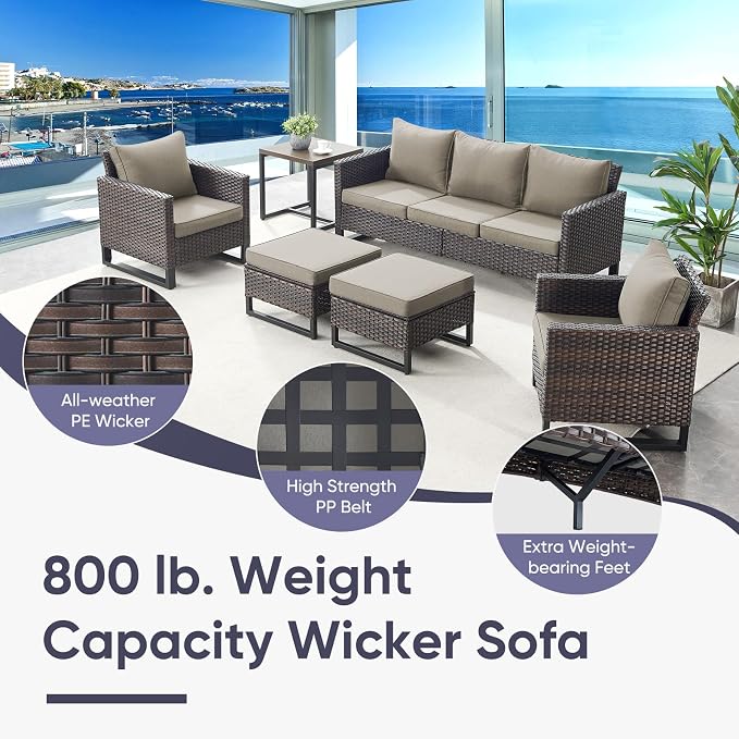Belord Wicker Patio Furniture 5 Piece Outdoor Sofa Set, Oversize Outdoor Swivel Rocker Chairs with Rattan Ottomans, Conversation Sets Patio Furniture Come with Removable Cushion Grey, Anti-Rust Frame
