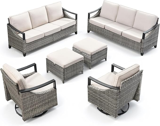 6 Piece Wicker Patio Furniture Sets-High Back Wicker Swivel Rocker Patio Chairs Set of 2 with Thick Cushions Ottomans, Outdoor Sofa, Patio Conversation Sets for Porch Balcony Patio Deck Grey/Beige