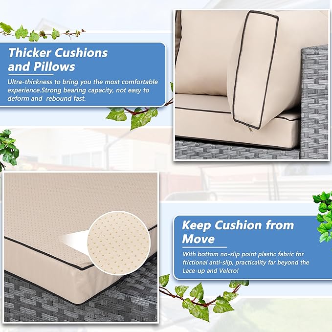 7 Piece Outdoor Patio Furniture Set,Silver PE Rattan Wicker Sectional Sofa, All Weather Conversation Set with Washable Cushions & Glass Coffee Table for Backyard Poolside Garden Porch,Khaki