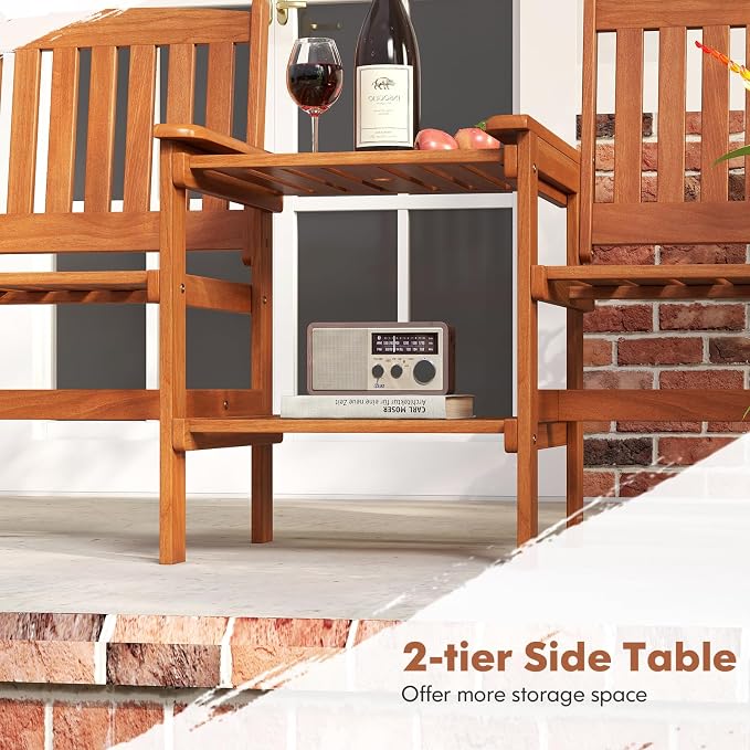 Tangkual Outdoor Wood Bench Loveseat with Built-in Table with1.57 Umbrella Hole, 2-Seater Outdoor Patio Furniture Set for Porch, Deck, Garden and Backyard