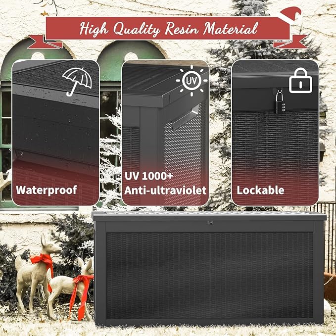NUNU LAB Outdoor Storage Box, 320 Gallon Deck Box, Resin Waterproof Outside Storage Bench, Outdoor Storage Cabinet With Lockable Lid, Backyard Deck Box For Garden Tools, Patio Cushions, Black