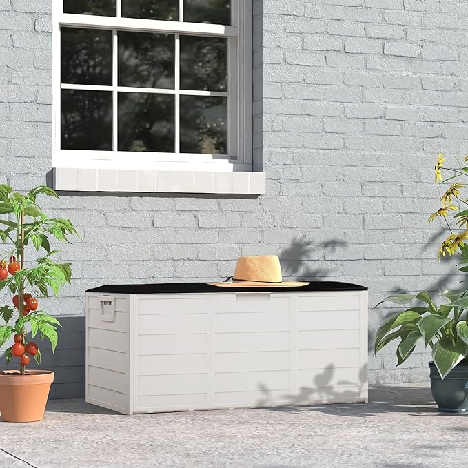 VINGLI 75 Gallon Outdoor Storage Box, Patio Deck Box Furniture with Lockable Design, Plastic Storage Containers with Lid for Garden | Pool | Balcony | Yard, White