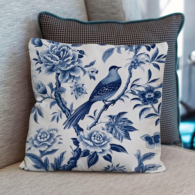 Blue Indigo Floral Chinoiserie Outdoor Throw Pillow Covers Asian Navy Lotus Bird Waterproof Throw Pillowcase 20x20 in Modern Accent Cushion Cover for Patio Furniture Garden