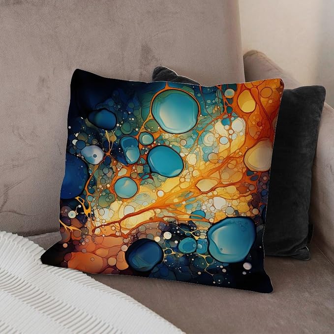 Ink Rainbow Shapes with Gold Throw Pillow Covers Abstract Alcohol Ink Textures Throw Pillow Cover Abstract Modern Decorative Pillow Covers for Patio Couch Bench 18x18 in