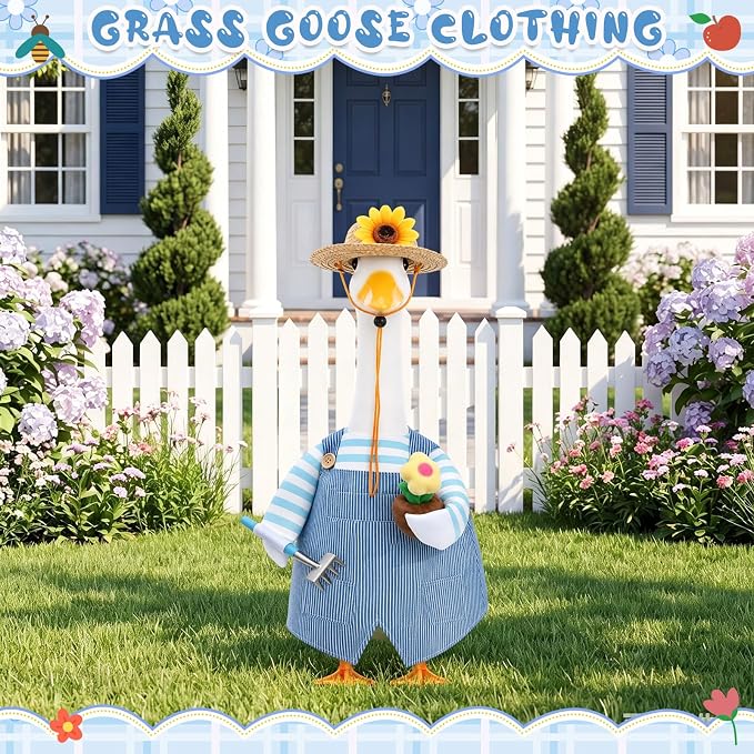 FuWeave Spring Summer Goose Outfit Overalls Gardener Porch Goose Clothes for 23" Large Statue Outdoor Patio Yard Lawn Art Decoration