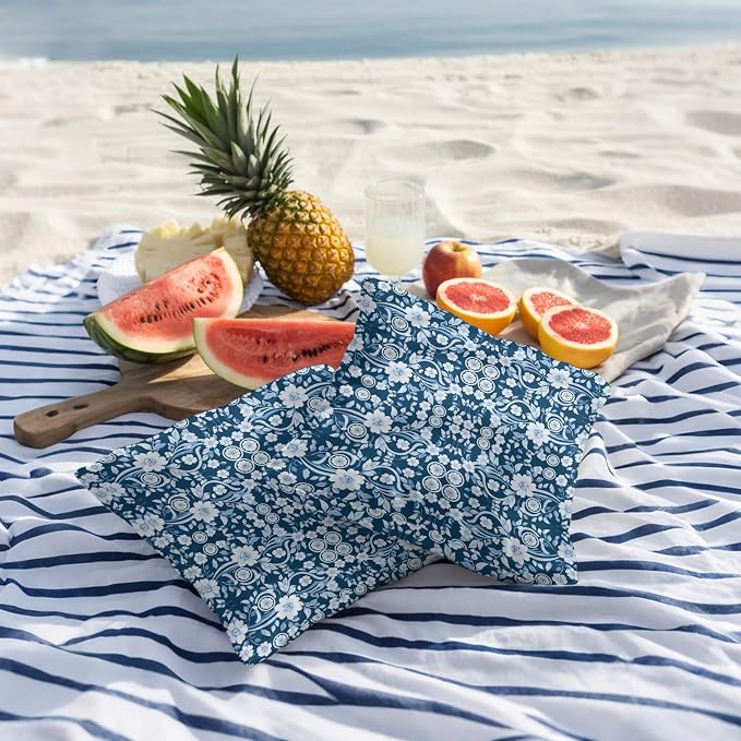 Navy Blue Floral Outdoor Pillow Covers 26x26 Inch Throw Pillow Covers Set of 2 Waterproof Decorative Pillow Cases Vintage Pastoral Botanical Leaves Cushion Covers for Patio Furniture Garden Couch Sofa
