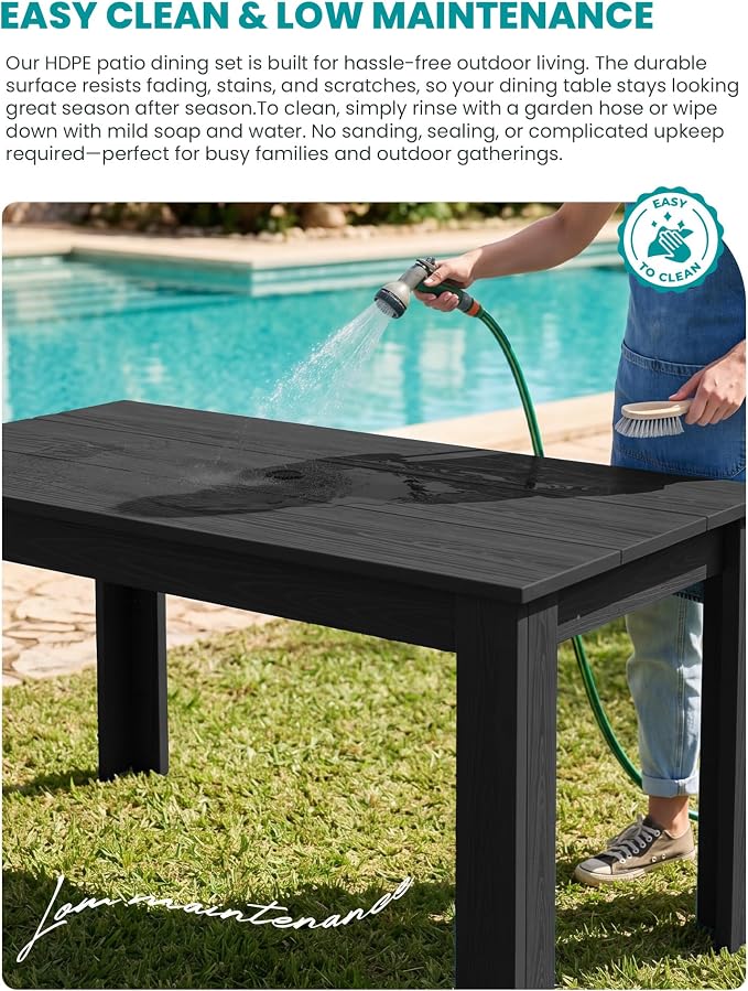 SERWALL 59" Outdoor Dining Set for 8, HDPE Dining Set, Black | Include 2 Rectangular Tables and 8 armless Chairs, All Weather Dining Sets for Garden, Backyard