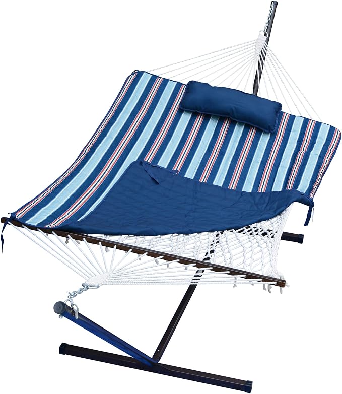 12 Foot Steel Hammock Stand with Cotton Rope Hammock Combo, Quilted Polyester Hammock Pad and Pillow Kingston Stripe