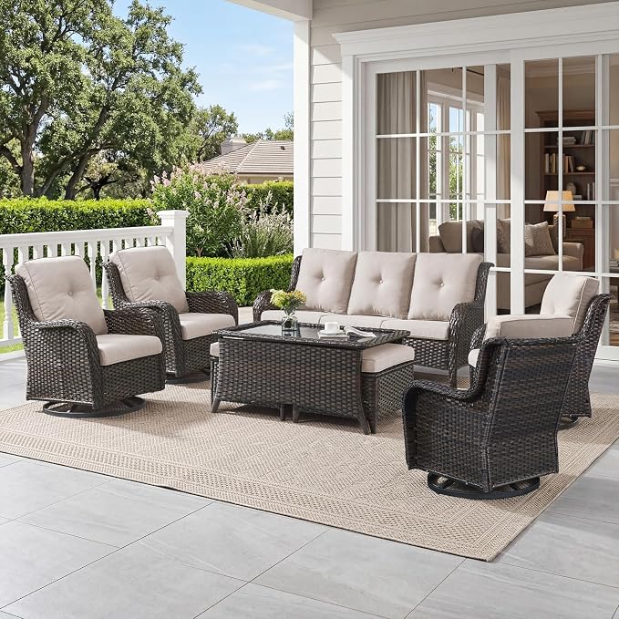 Belord 8 Piece Wicker Patio Furniture Set, Outdoor Swivel Rocker Chairs Set of 4 with Ottomans and Rattan Couch, All Weather Patio Conversation Furniture Set, for Pool,Yard Brown Wicker/Beige