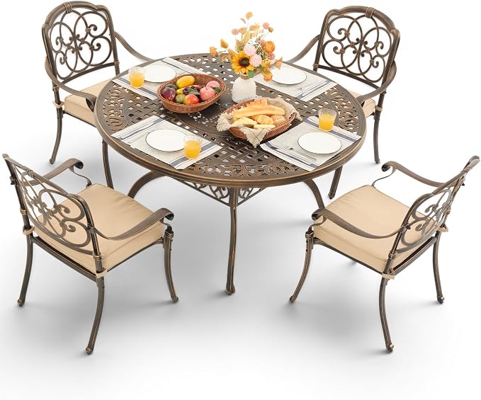 5-Pcs Cast Aluminum Patio Dining Set for 4, 54" Round Table,Bronze | Outdoor Furniture Set Include Dining Table and 4 Stackable Chairs with Cushions & Umbrella Hole