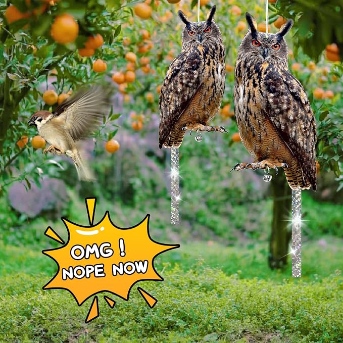 Owls to Keep Birds Away: 2Pack Fake Owl with Reflective Tape for Vineyard Garden Patio Pool, Reflective Hanging Decoration to Keep Birds Pigeon from Windows Tree Orchard