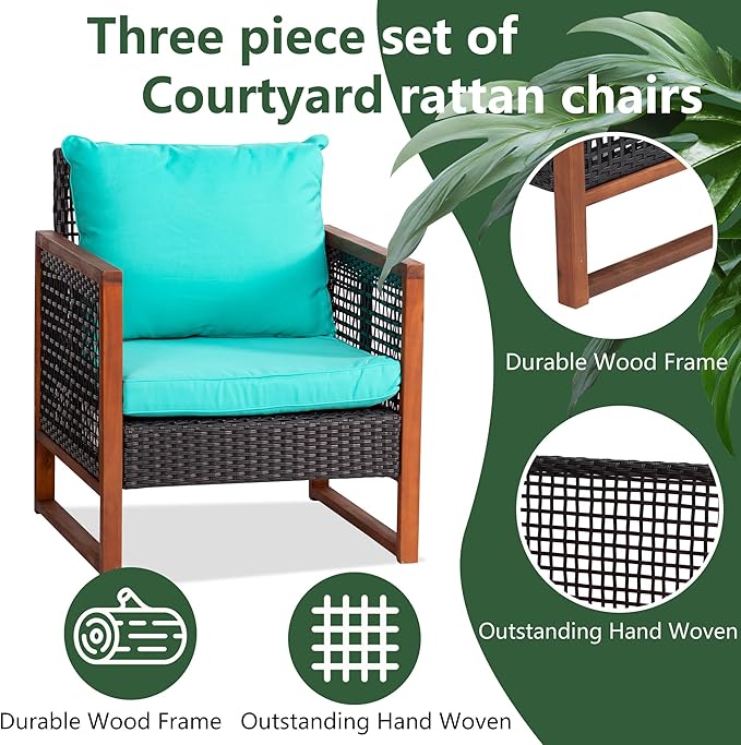 PayLessHere 3 Pieces Patio Set Wicker Patio Furniture Acacia Wood Outdoor Patio Furniture Set Rattan Chair Conversation Sets Bistro Set with Coffee Table and Water Resistant Cushions(Blue)