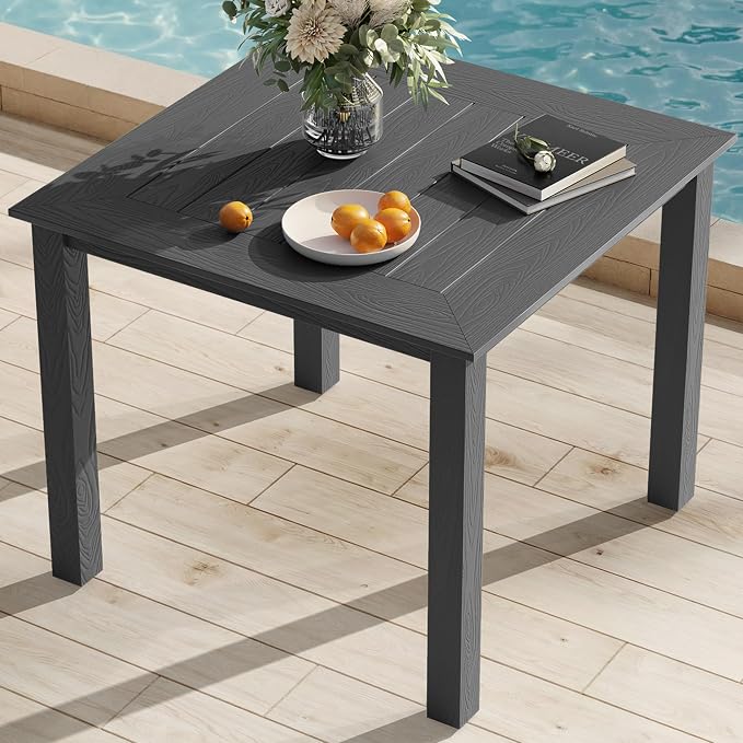 YEFU Outdoor Patio Table HIPS: Square Wood Grain Waterproof Easy-Clean All-Weather Patio Dining Table - Rust-Resistant Modern Outdoor Dining Table for Backyard Garden Deck Poolside（Grey）