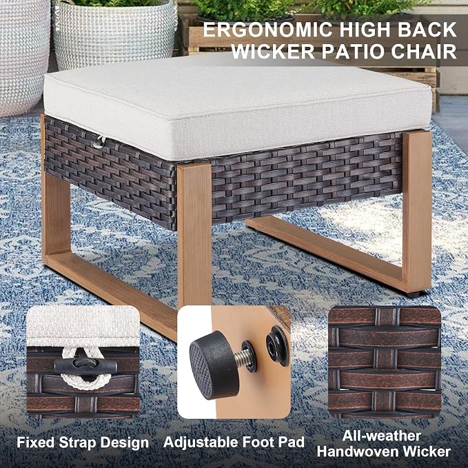 Belord 5 Piece Outdoor Wicker Patio Conversation Furniture Set Deep Seating, Metal Wide Armrests Patio Sofa Set with Rattan Chairs Ottomans for Porch Deck Sunroom Backyard