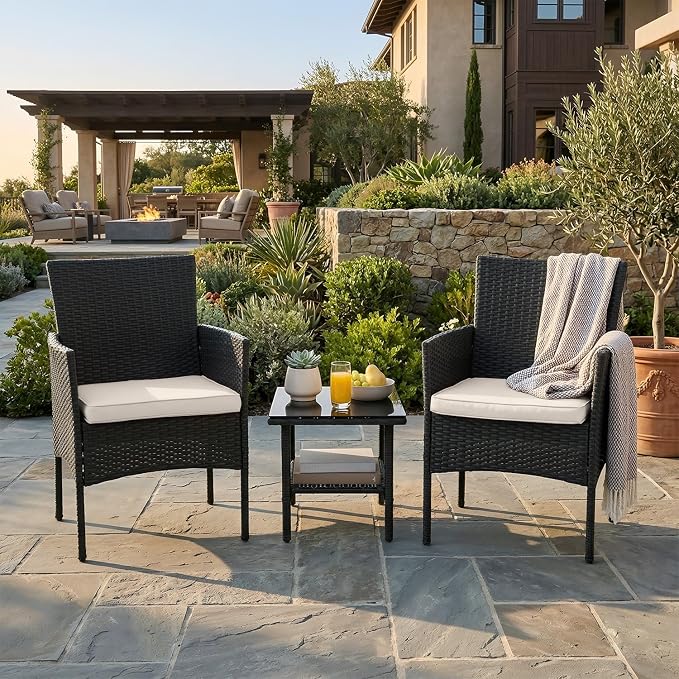 NChanmar 3 Pieces Patio Furniture Outdoor Bistro Set Outdoor&Indoor Conversation Set Coffee Table Chairs Set for 2 with Water-Resistant Cushions for Lawn Yard Garden Porch Balcony and Pool,Black