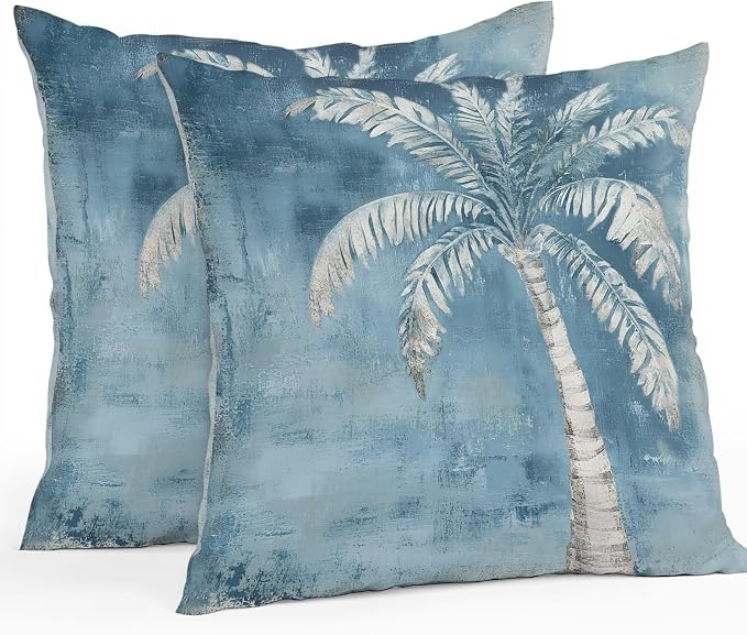 Coastal Beach Tree Blue Grey Outdoor Waterproof Pillow Covers, Vintage Summer Palm Tree Decorative Square Throw Pillowcase, Tropical Botanical Sofa Cushion Sham for Patio/Couch/Chair, 18"x18" 2 Pack