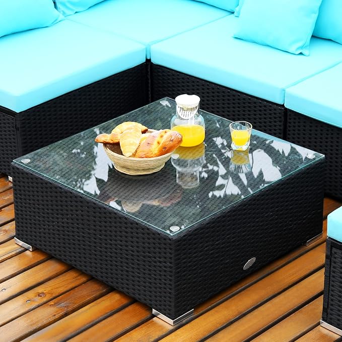 Tangkula 7 Piece Patio Furniture Set - Outdoor Sectional Sofa with Pillows and Cushions, Wicker Sofa Conversation Set with Coffee Table