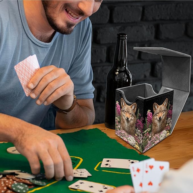 Flower Wolf Card Deck Box for MTG, Personalized Card Storage Case Fits 120+ Sleeved Cards, Premium Leather TCG Box with Strong Magnetic Closure for Magic, CCG, PTCG, Baseball Cards