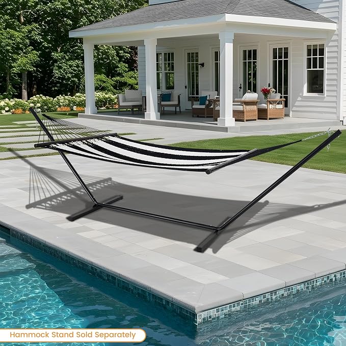Lazy Daze Hammocks 10.5 FT Double 2 Person Caribbean Rope Hammock, Hand Woven Polyester Hammock with Spreader Bars, for Outside Outdoor Backyard Patio Poolside, 450 LBS Capacity, Black/White