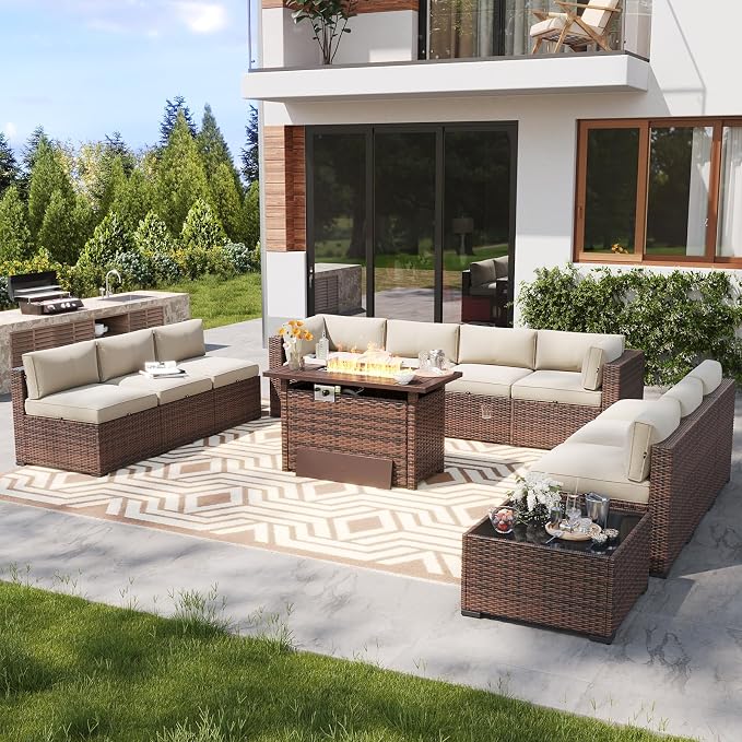 LazySunsets 12 Piece Outdoor Patio Furniture Set with 44'' Fire Pit Table, Outdoor Patio Furniture Sets with 4'' Thicken Cushion, Wicker Rattan Outdoor Conversation Set for Backyard & Garden, Beige