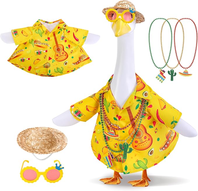 6 Pcs/Set Hawaiian Porch Goose Outfits, Mexican Style Summer Lawn Goose Costume, Garden Goose Clothes Yellow Shirt with Straw Hat Glasses Necklaces for 23" H Statue Outdoor Patio Yard Decor