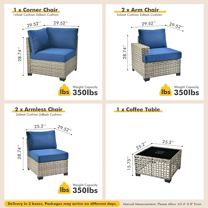 6 Pcs Outdoor Sectional Patio Furniture Set - All Weather Wicker Modular L Shaped Outside Sectional Sofa Couch,Patio Seating Outdoor Conversation Sets for Deck Yard Garden,Navy Blue