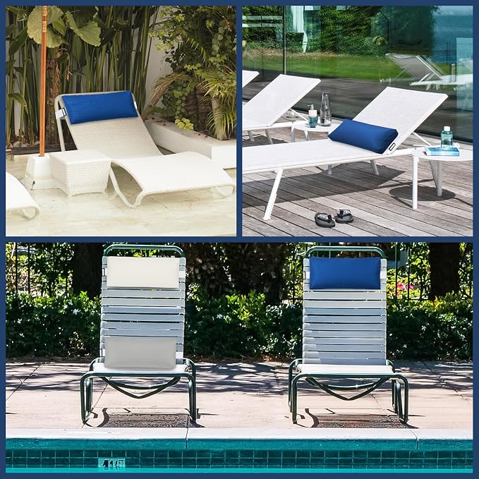 Headrest Pillow for Pool Chaise Lounge, Pool Lounge Pillows Outdoor with Elastic Band for Recliner and Pool Patio Chairs, Head Neck Support Pillow (Dark Blue, 22x8.6x3.9)