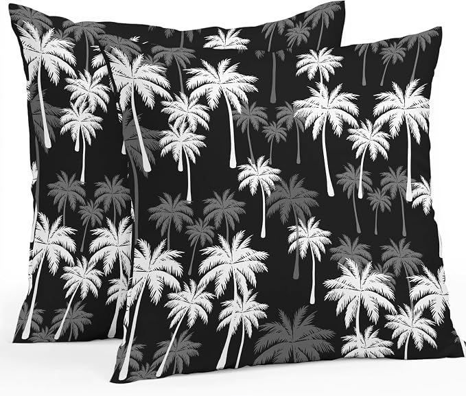 Throw Pillow Covers 16x16 Inch Set of 2, Tropical Palm Tree Waterproof Outdoor Pillow Covers, Black White Plants Coastal Leaf Beach Decorative Cushion Pillowcases for Couch, Sofa, Bed, Garden, Patio