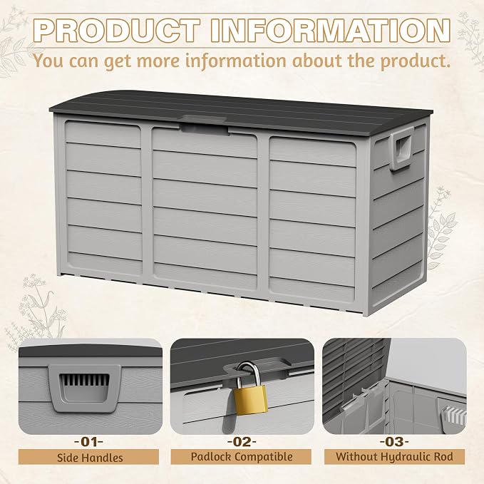 75 Gallon Deck Storage Box Resin Outdoor Storage Container with Handles for Patio Garden Yard, Black, Grey
