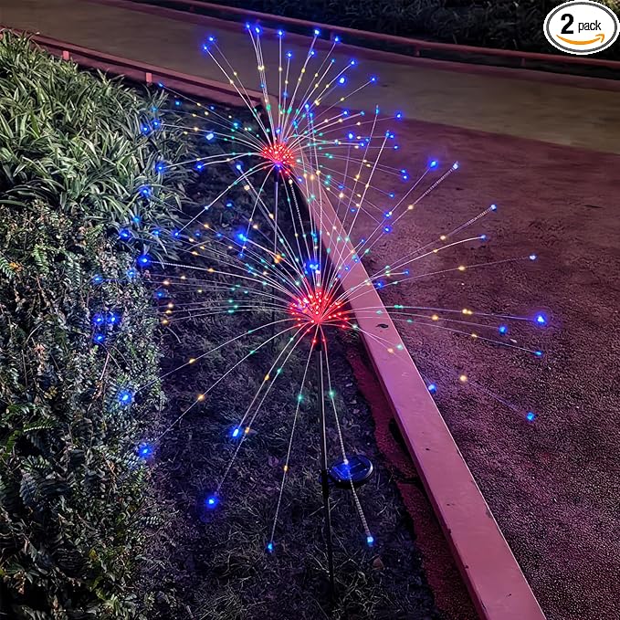 Solar Garden Firework Lights Outdoor Waterproof, 2 Pack 200 LED 8 Lighting Modes Sparklers Solar Twinkling Starburst Lights for Yard Flowerbed Pathway Fence Decorations, Multicolor, Copper Wire