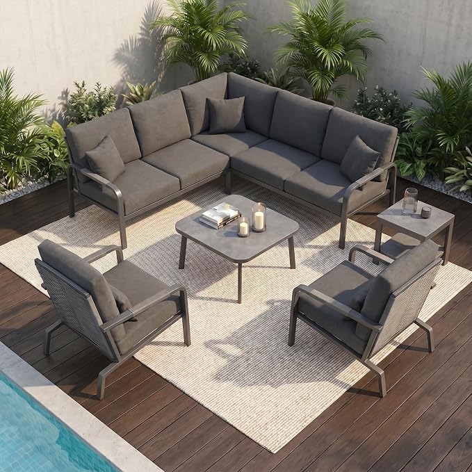 5-Piece Aluminum Patio Furniture Set, Outdoor L-Shaped Sectional Sofa with Coffee Table & Side Table, Patio 3-Piece Sofa Set, Thick Waterproof Cushions, Modern Outdoor Conversation Set, Gray