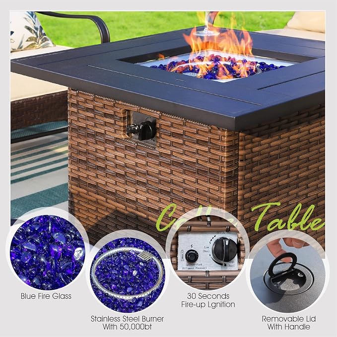 Sophia & William Patio Furniture Set with Fire Pit Table, 5 PCS Metal Outdoor Conversation Set Sofa Couch with Fire Pit Table, 4 Sofa Chairs for Outdoor Seating,Backyard,Porch(Blue)