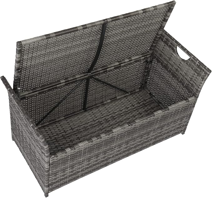 33 Gallon Outdoor Wicker Storage Bench with Cushion, Rattan Storage Box, 2-in-1 Large Capacity Rectangle Garden Storage Box Wicker Deck Box with Handles＆Seat for Backyard, Balcony, Poolside (Gray)